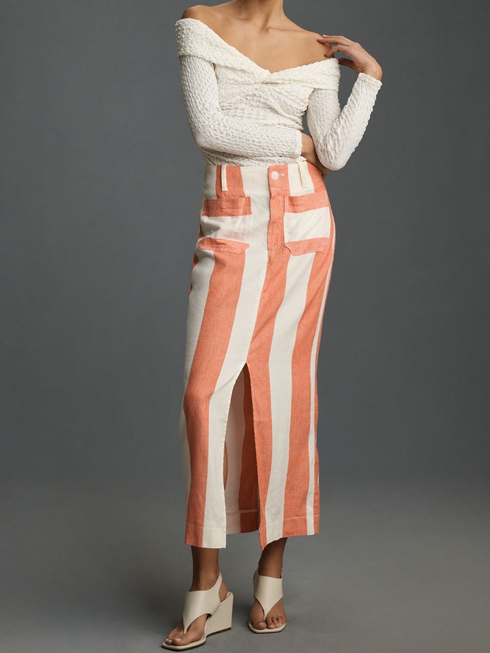 Anthropologie The Colette Striped Orange & White Maxi Skirt with Front Slit